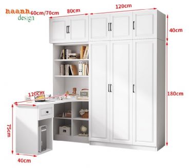 Mẫu tủ quần áo trẻ em kết hợp bàn học hiện đại cho bé-TEE 006