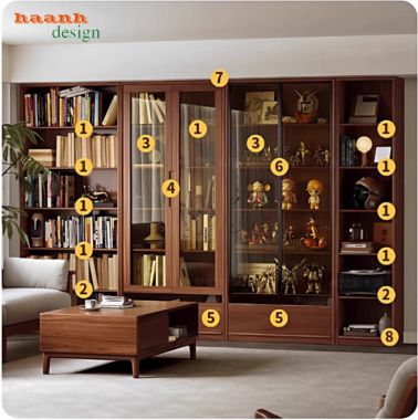 Kệ sách gỗ công nghiệp cánh kính sang trọng, bền đẹp-THS 008