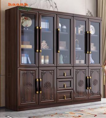 Tủ đựng sách bằng gỗ tự nhiên thiết kế cánh chạm tinh xảo-TSC 005