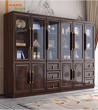Tủ đựng sách bằng gỗ tự nhiên thiết kế cánh chạm tinh xảo-TSC 005