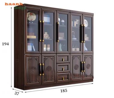 Tủ đựng sách bằng gỗ tự nhiên thiết kế cánh chạm tinh xảo-TSC 005