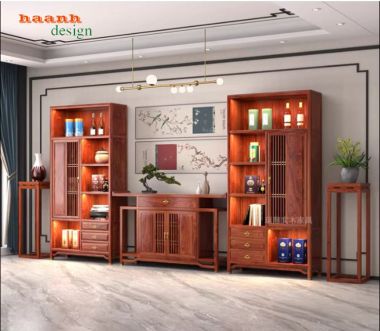 Kệ trang trí phòng khách gỗ hương Nam Phi chuẩn Á Đông-TGC 006