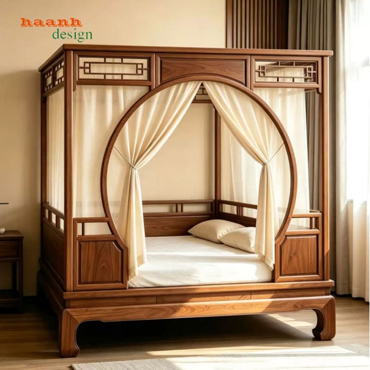 Giường la hán giả cổ cửa vòm tròn có rèm - SBT 018