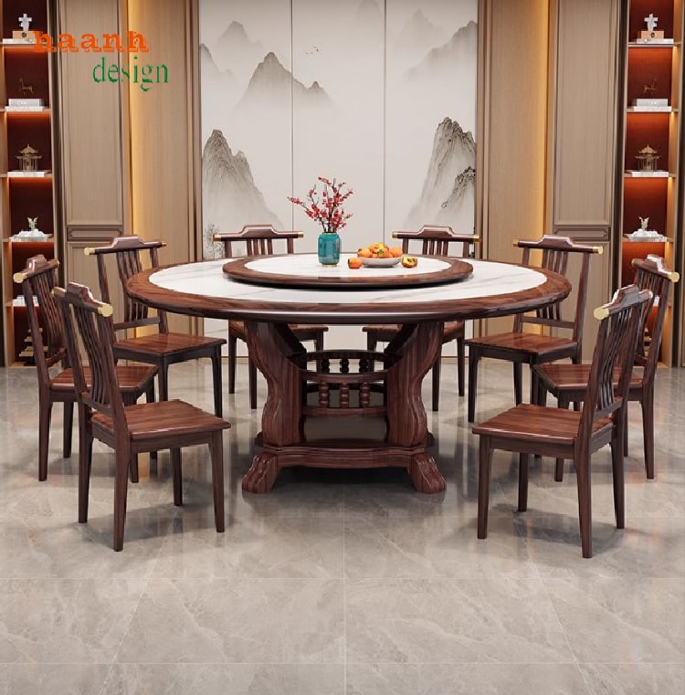 Mẫu bàn ăn gỗ tự nhiên thiết kế tròn có mâm xoay-BGG 006