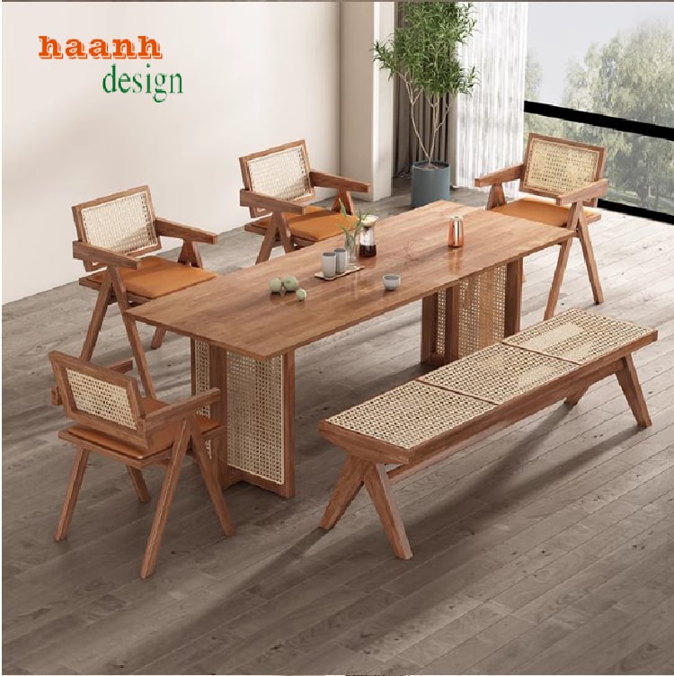 Bàn ghế phòng bếp gỗ sồi phối mây – Mộc mạc và tinh tế-BGA 011