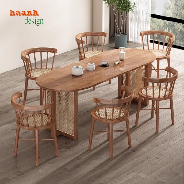 Bàn ghế ăn gỗ sồi tự nhiên kết hợp mây thủ công-BGA 012