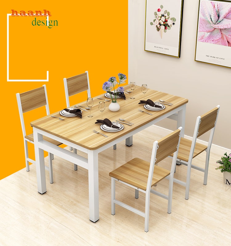 Bàn ghế ăn chân sắt mặt gỗ