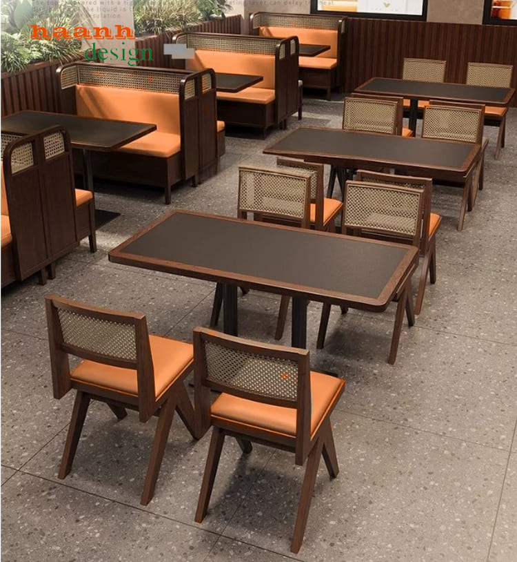 Bàn ghế ăn nhà hàng gỗ hiện đại phối đệm cam - BNH 013