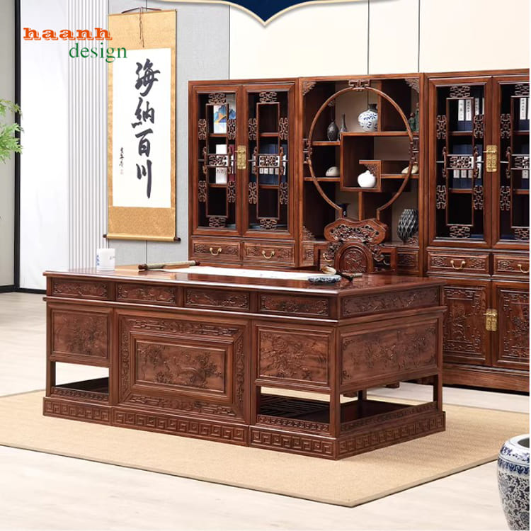 Mẫu bàn làm việc gỗ đẹp phong cách Á Đông sang trọng-BCG 002