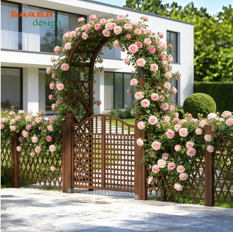 Bố cục vòm và hàng rào nhìn từ trên cao Góc nhìn từ trên cao của vòm và cánh cổng sân vườn