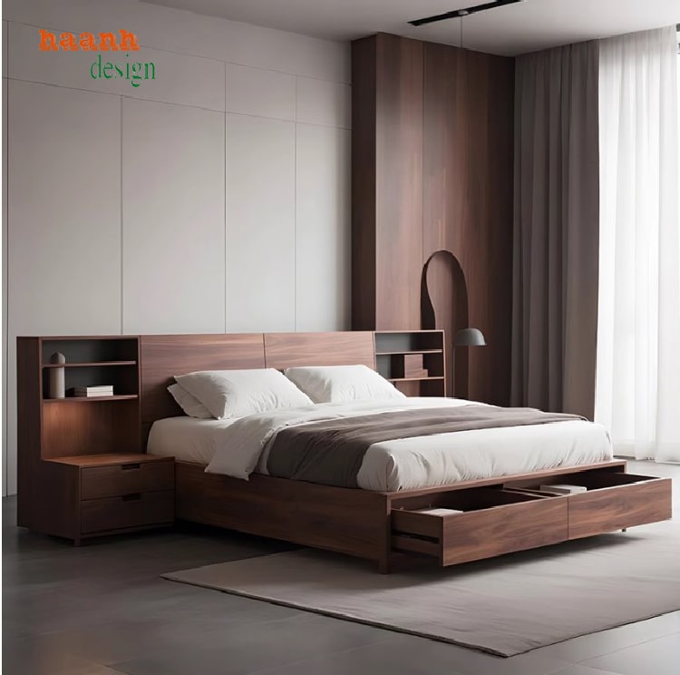 Giường ngủ gỗ công nghiệp cao cấp phủ veneer óc chó-GNH 005
