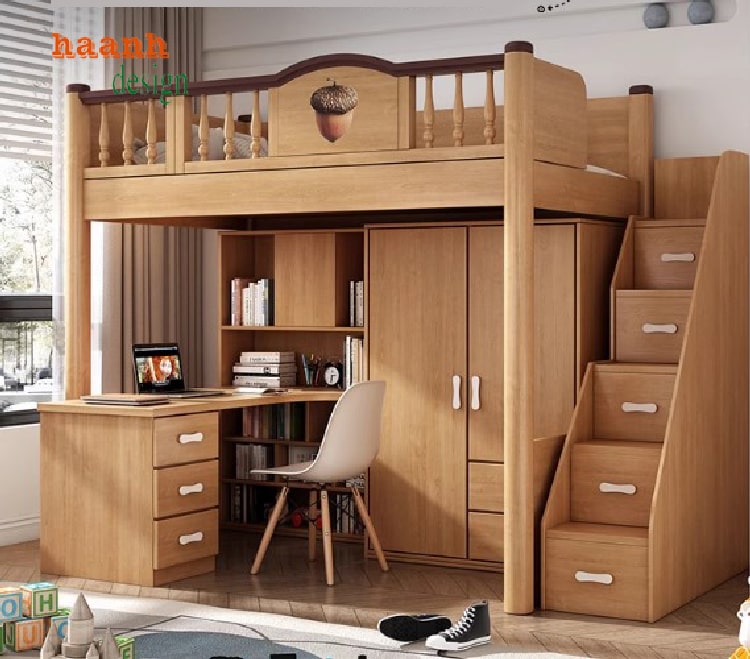 Giường tầng trẻ em cao cấp tích hợp bàn học và tủ áo-GTE 012