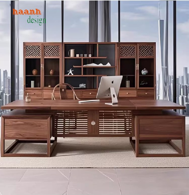 Bàn ghế phòng làm việc gỗ sồi phong cách Á Đông truyền thống-BLG 016