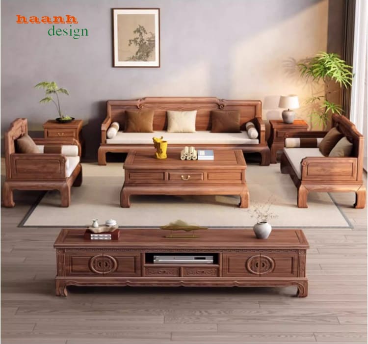 Mẫu bàn ghế gỗ óc chó phòng khách phong cách Trung Hoa-BGC 018