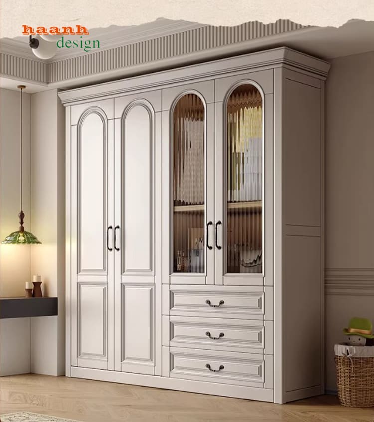 Tủ quần áo cánh kính cao cấp màu trắng kem sang trọng-TAT 008
