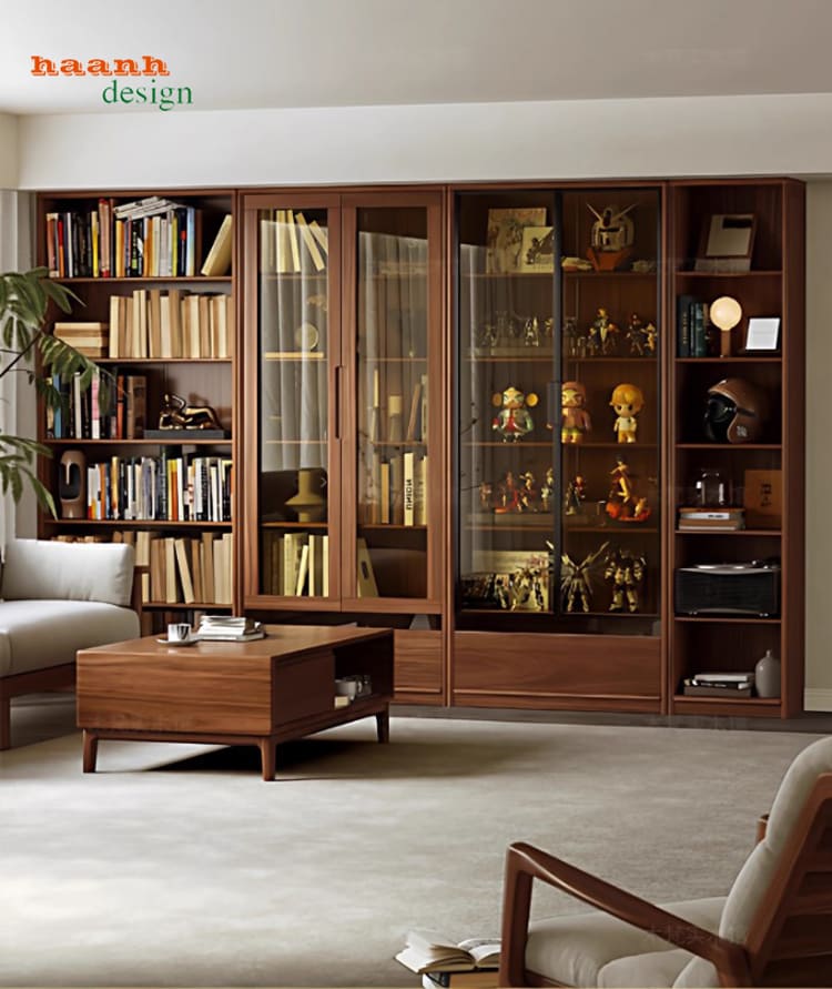Kệ sách gỗ công nghiệp cánh kính sang trọng, bền đẹp-THS 008