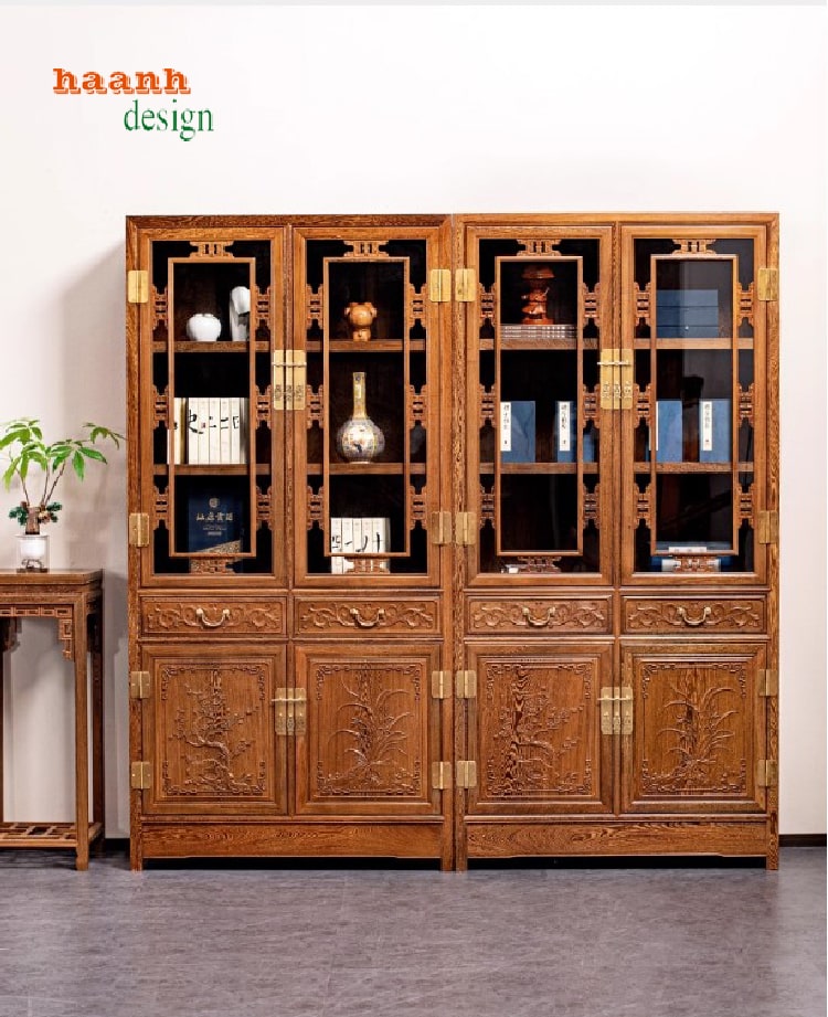 tủ s&aacute;ch gỗ tự nhi&ecirc;n giả cổ chạm khắc tinh xảo cao cấp