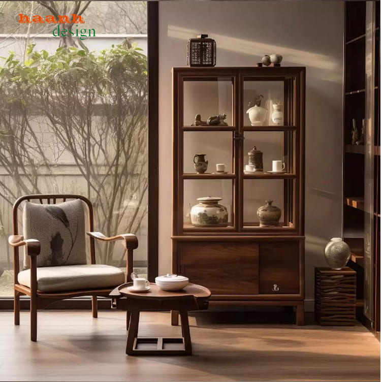 Kệ trang trí đẹp gỗ óc chó sang trọng cho phòng khách-TGC 008