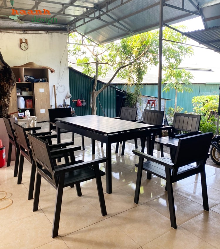 Bàn ghế ăn chân sắt mặt gỗ Teak ngoài trời công năng mở rộng 