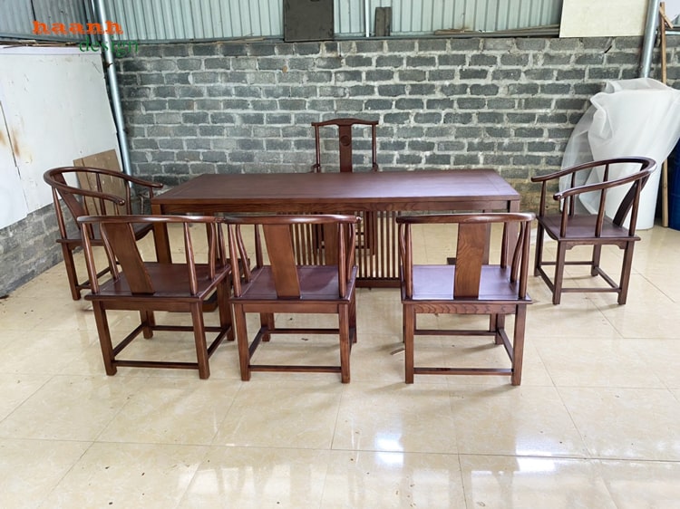 Bàn ghế minh phòng trà gỗ sồi tự nhiên sơn màu óc chó 